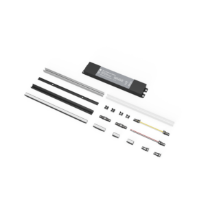 Premier 0.5 linear LED lighting system components laid out flat, including aluminum channel extrusions in black and silver, 1", 2", 12" LED moudles, LED driver, end caps, connectors, jumpers and power feeds